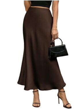 Women's Satin High Waist A-Line Maxi Skirt with Hidden Zipper Wave Hem